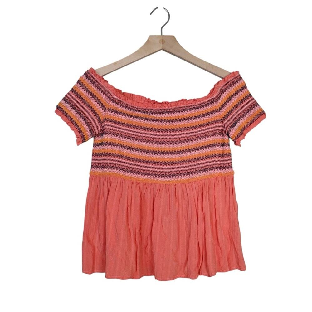 Coco + Jamieson Women's L Striped Coral Smocked Off-Shoulder Top